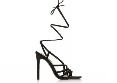 Πέδιλα μαύρα σατέν δετά με λουράκια στη φάσα και στον αστράγαλο ΜΑΥΡΟ - Tsoukalas - 