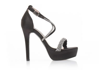 Πέδιλα μαύρα σατέν με χιαστί λουράκια και πλεκτή φάσα από στρας ΜΑΥΡΟ - Tsoukalas - 