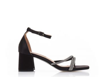 Πέδιλα μαύρα σατέν με φάσα από πολλαπλά λουράκια με στρας ΜΑΥΡΟ - Tsoukalas - 