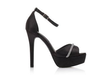 Πέδιλα μαύρα σατέν με φάσα από στρας και λουράκι στον αστράγαλο ΜΑΥΡΟ - Tsoukalas - 