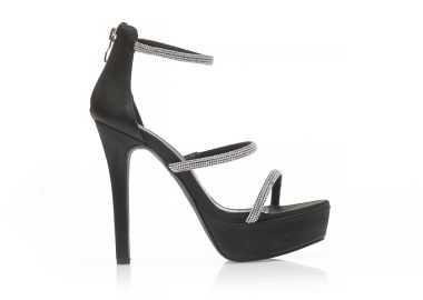 Πέδιλα μαύρα σατέν με λουράκια από στρας και φιάπα ΜΑΥΡΟ - Tsoukalas - 