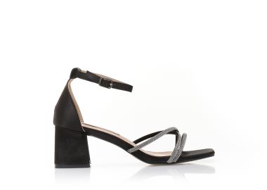 Πέδιλα μαύρα σατέν με λουράκια από στρας και τετράγωνο τελείωμα ΜΑΥΡΟ - Tsoukalas - 
