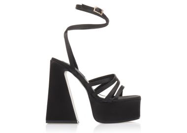 Πέδιλα μαύρα σατέν με πολλαπλά λουράκια και φιάπα ΜΑΥΡΟ - Tsoukalas - 