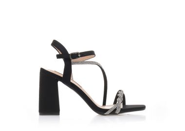 Πέδιλα μαύρα υφασμάτινα με φάσα από λουράκια και λοξό λουράκι από στρας ΜΑΥΡΟ - Tsoukalas - 