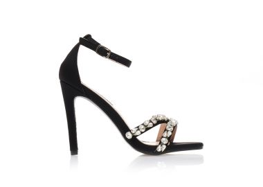 Πέδιλα μαύρα υφασμάτινα με στρας στη φάσα και λουράκι στον αστράγαλο ΜΑΥΡΟ - Tsoukalas - 