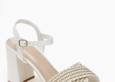 Πέδιλα με χοντρό τακούνι και χιαστί σχέδιο με χρυσοκλωστή - Λευκό - Issue - 