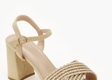 Πέδιλα με χοντρό τακούνι και χιαστί σχέδιο με χρυσοκλωστή - Μπεζ - Issue - 