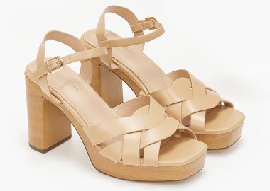 Πέδιλα με χοντρό τακούνι και φιάπα - Μπεζ - Issue - 