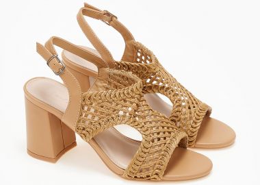 Πέδιλα με χοντρό τακούνι και ψάθα - Κάμελ - Issue - 