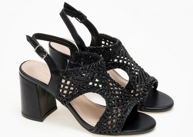 Πέδιλα με χοντρό τακούνι και ψάθα - Μαύρο - Issue - 