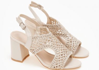 Πέδιλα με χοντρό τακούνι και ψάθα - Μπεζ - Issue - 