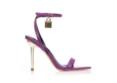 Πέδιλα μωβ δερματίνη με ιδιαίτερο χρυσό τακούνι και διακοσμητικό λουκέτο στον αστράγαλο ΜΩΒ - Tsoukalas - 