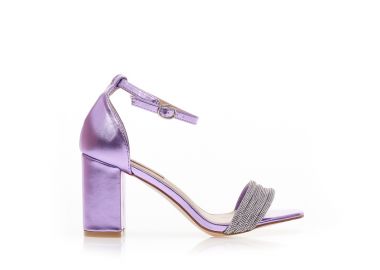 Πέδιλα μωβ μεταλλιζέ δερματίνη με φάσα από στρας και λουράκι στον αστράγαλο ΜΩΒ - Tsoukalas - 