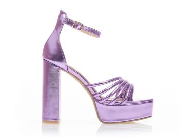 Πέδιλα μωβ μεταλλιζέ δερματίνη με λοξή φάσα από πολλαπλά λουράκια ΜΩΒ - Tsoukalas - 