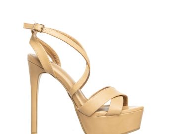 Πέδιλα μπεζ δερματίνη χιαστί με λεπτό τακούνι ΜΠΕΖ - Tsoukalas - 