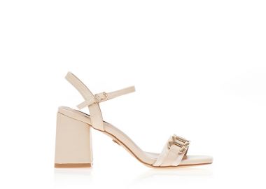 Πέδιλα μπεζ δερματίνη με animal print φάσα και χρυσή αγκράφα ΜΠΕΖ - Tsoukalas - 