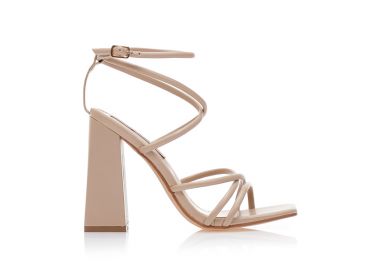 Πέδιλα μπεζ δερματίνη με λεπτά λουράκια και χοντρό τακούνι ΜΠΕΖ - Tsoukalas - 