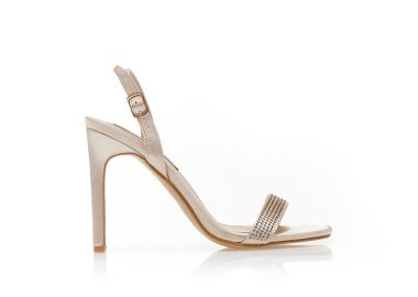 Πέδιλα μπεζ σατέν με φάσα από στρας και τετράγωνο τελείωμα ΜΠΕΖ - Tsoukalas - 