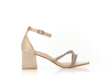 Πέδιλα μπεζ σατέν με λουράκια από στρας και τετράγωνο τελείωμα ΜΠΕΖ - Tsoukalas - 