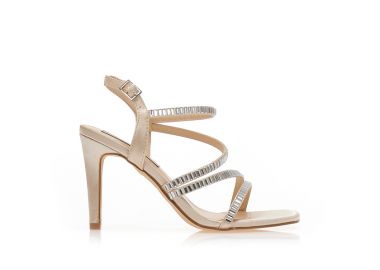 Πέδιλα μπεζ σατέν με πολλαπλά λουράκια και διακοσμητικά στρας ΜΠΕΖ - Tsoukalas - 