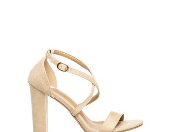 Πέδιλα μπεζ σουέτ χιαστί με χοντρό τακούνι ΜΠΕΖ - Tsoukalas - 