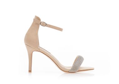 Πέδιλα μπεζ σουέτ με φάσα από στρας και λουράκι στον αστράγαλο ΜΠΕΖ - Tsoukalas - 