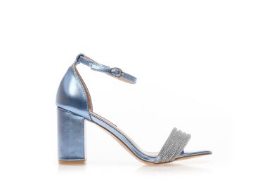 Πέδιλα μπλε μεταλλιζέ δερματίνη με φάσα από στρας και λουράκι στον αστράγαλο ΜΠΛΕ - Tsoukalas - 