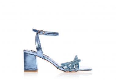 Πέδιλα μπλε μεταλλιζέ δερματίνη με φάσα από στρας και λουράκι στον αστράγαλο ΜΠΛΕ - Tsoukalas - 