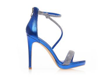 Πεδιλα μπλε μεταλλιζέ δερματίνη με φάσα και λοξό λουράκι από στρας ΜΠΛΕ - Tsoukalas - 