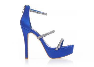 Πέδιλα μπλε σατέν με λουράκια από στρας και φιάπα ΜΠΛΕ - Tsoukalas - 