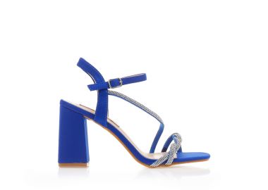 Πέδιλα μπλε υφασμάτινα με φάσα από λουράκια και λοξό λουράκι από στρας ΜΠΛΕ - Tsoukalas - 