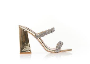 Πέδιλα mules χρυσά δερματίνη με διπλή φάσα από ιριδίζον στρας σε σχέδιο πλεξούδα ΧΡΥΣΟ - Tsoukalas - 