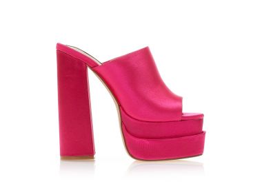 Πέδιλα mules φούξια σατέν με φιάπα και ψηλό τακούνι ΦΟΥΞΙΑ - Tsoukalas - 
