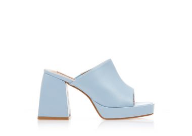 Πέδιλα mules γαλάζια δερματίνη με λάστιχο και ιδιαίτερο τακούνι ΓΑΛΑΖΙΟ - Tsoukalas - 