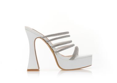 Πέδιλα mules λευκά δερματίνη με πολλαπλά λουράκια από στρας ΛΕΥΚΟ - Tsoukalas - 