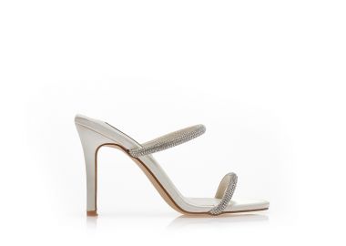 Πέδιλα mules λευκά σατέν με διπλή φάσα από στρας ΛΕΥΚΟ - Tsoukalas - 