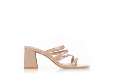 Πέδιλα mules λουστρίνι με χοντρό τακούνι NUDE - Tsoukalas - 