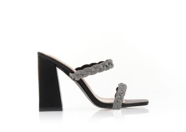 Πέδιλα mules μαύρα δερματίνη με διπλή φάσα από στρας σε σχέδιο πλεξούδα ΜΑΥΡΟ - Tsoukalas - 