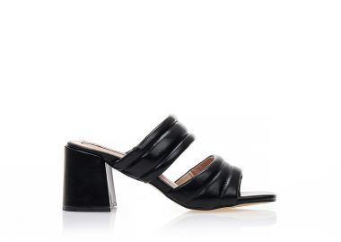 Πέδιλα mules μαύρα δερματίνη με διπλή φάσα καπιτονέ ριγέ ΜΑΥΡΟ - Tsoukalas - 