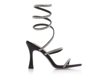 Πέδιλα mules μαύρα δερματίνη με πολλαπλά λουράκια από στρας ΜΑΥΡΟ - Tsoukalas - 