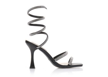 Πέδιλα mules μαύρα δερματίνη με πολλαπλά λουράκια από στρας ΜΑΥΡΟ - Tsoukalas - 