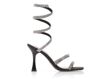 Πέδιλα mules μαύρα λούρεξ με λουράκια από στρας και ιδιαίτερο τακούνι ΜΑΥΡΟ - Tsoukalas - 