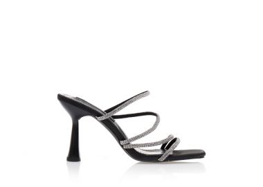 Πέδιλα mules μαύρα σατέν με λουράκια από στρας και ιδιαίτερο τακούνι. ΜΑΥΡΟ - Tsoukalas - 