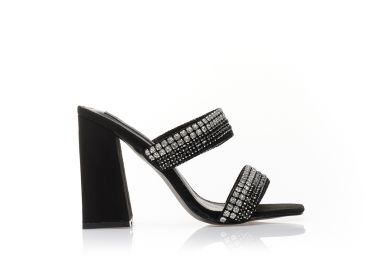 Πέδιλα mules μαύρα σουέτ με διπλή φάσα από στρας σε μαύρο και ασημί χρώμα ΜΑΥΡΟ - Tsoukalas - 