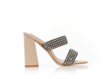 Πέδιλα mules μπεζ σουέτ με διπλή φάσα από στρας σε χρυσό και ασημί χρώμα ΜΠΕΖ - Tsoukalas - 