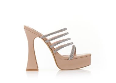 Πέδιλα mules nude δερματίνη με πολλαπλά λουράκια από στρας NUDE - Tsoukalas - 