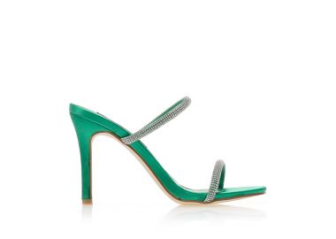 Πέδιλα mules πράσινα σατέν με διπλή φάσα από στρας ΠΡΑΣΙΝΟ - Tsoukalas - 