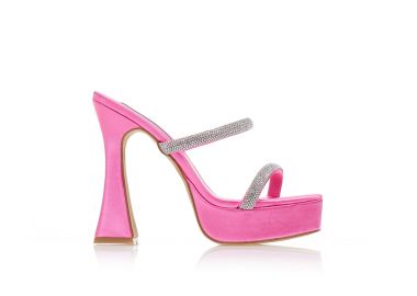 Πέδιλα mules ροζ σατέν με φιάπα και διπλά λουράκια από στρας ΡΟΖ - Tsoukalas - 