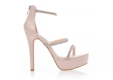 Πέδιλα nude σατέν με λουράκια από στρας και φιάπα NUDE - Tsoukalas - 