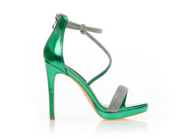 Πεδιλα πράσινα μεταλλιζέ δερματίνη με φάσα και λοξό λουράκι από στρας ΠΡΑΣΙΝΟ - Tsoukalas - 